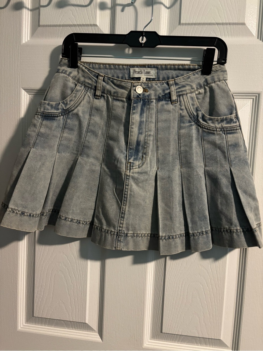 Peach Love California Light Wash Denim Pleated Skater Mini Skirt